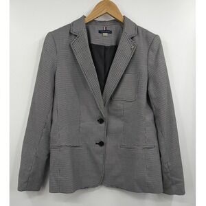 Tommy Hilfiger Womens Houndstooth Blazer Jacket Black White Elbow Patches Sz 12